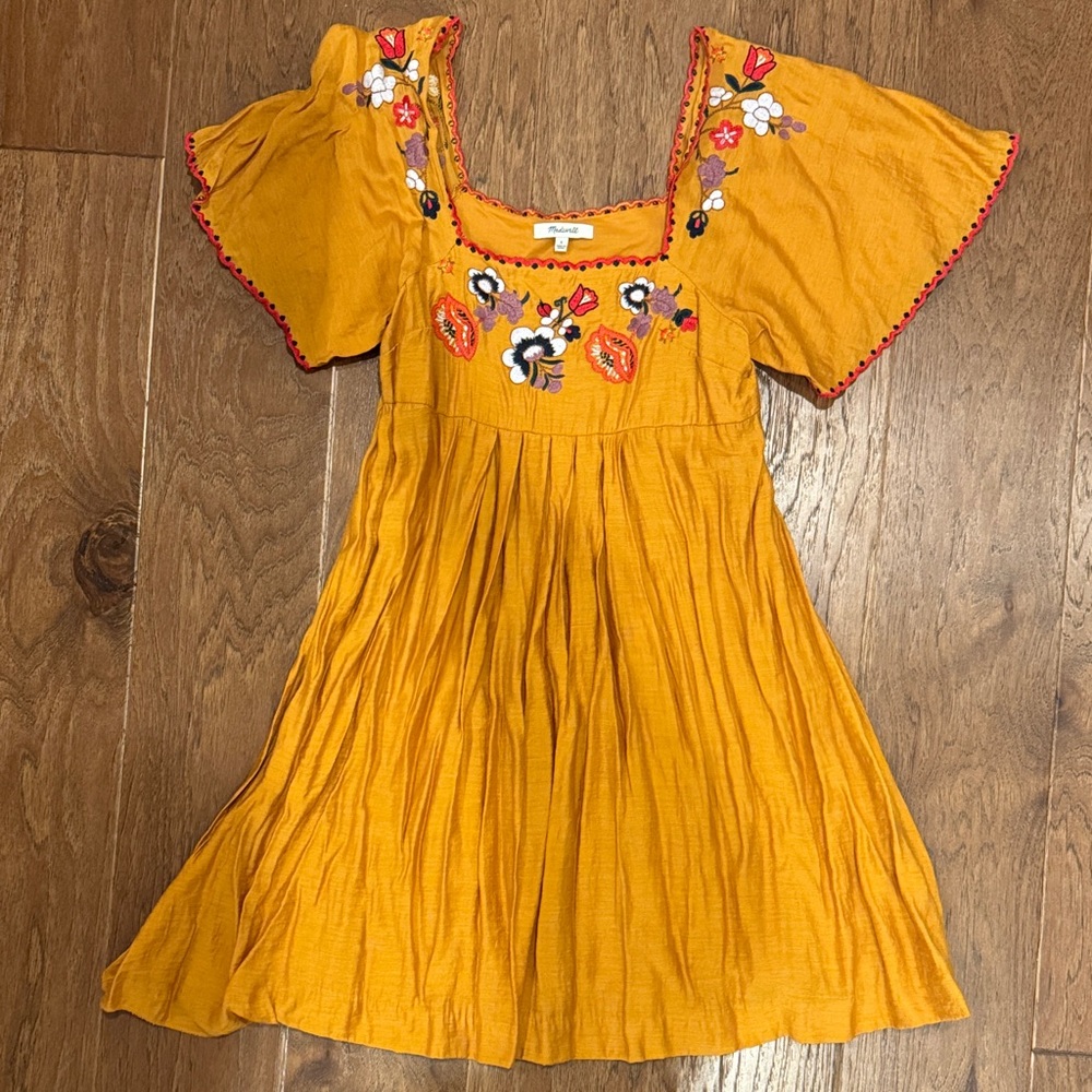 Madewell embroidered mustard square neck mini dress